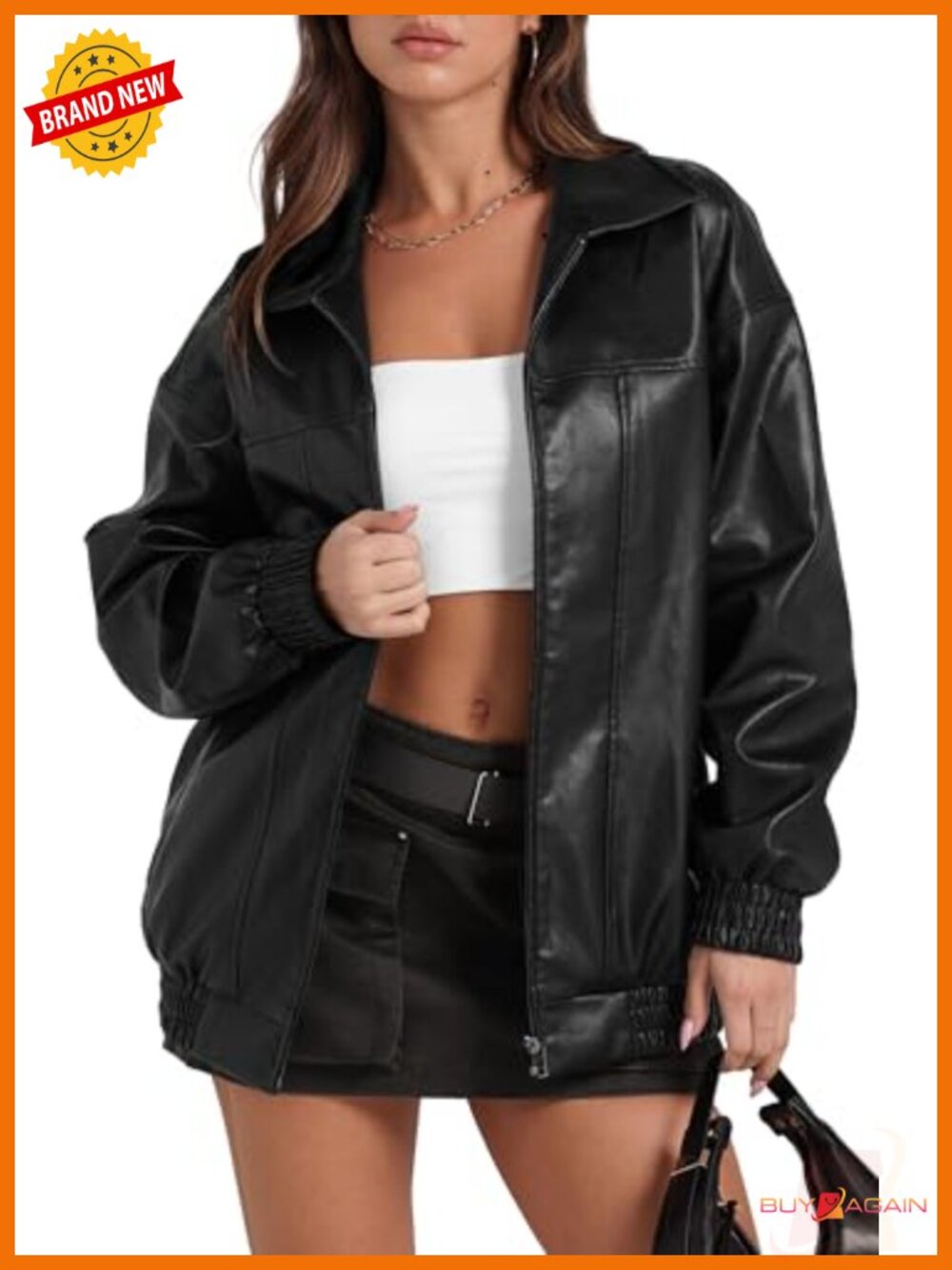 Faux Leather Oversized Motorcycle Bomber Jacket Women's Zip Moto Coat